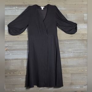 H&M Metallic Black Faux Wrap 3/4" Balloon Sleeves Midi Dress